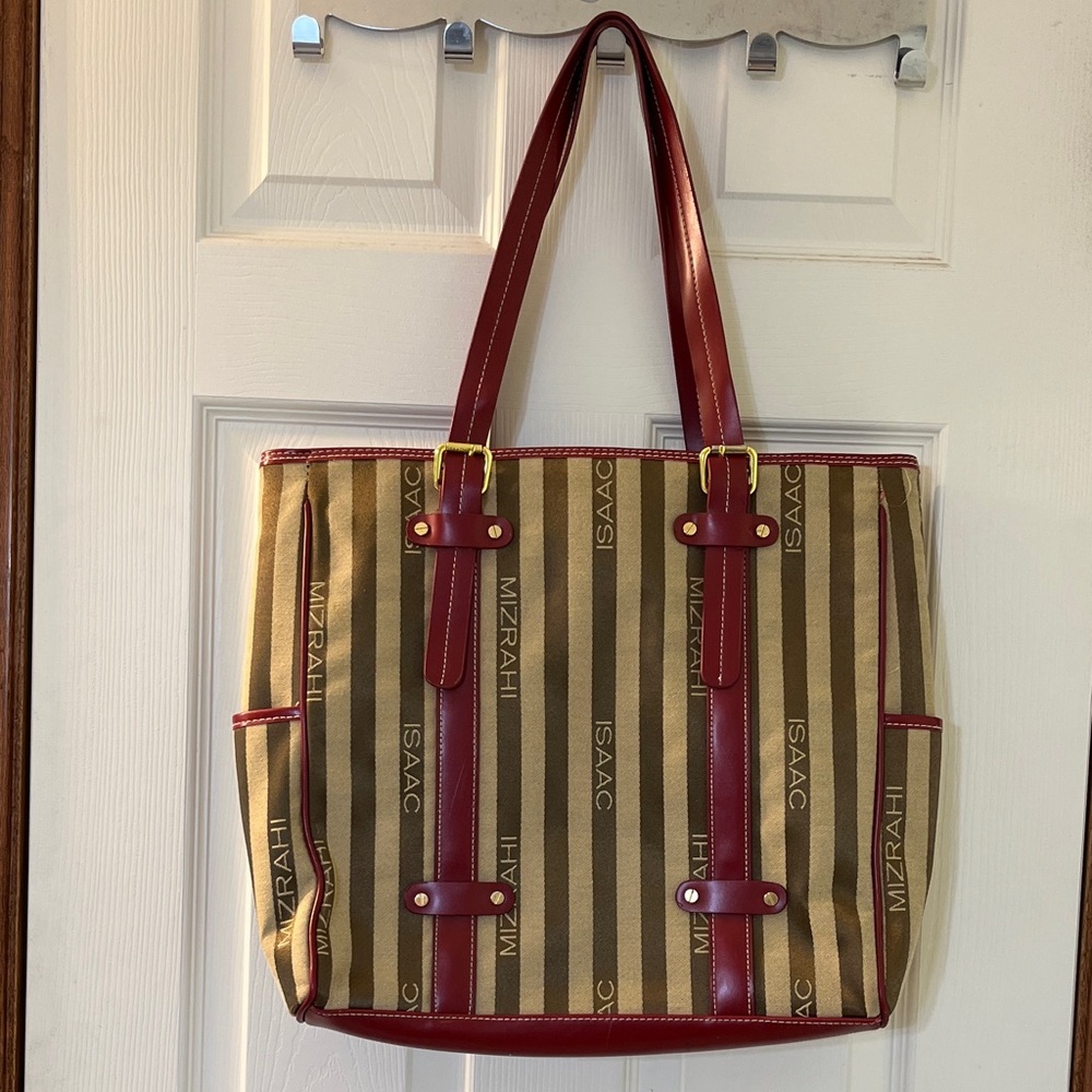 ISAAC MIZRAHI for TARGET Brown & Tan Striped Logo Tote w/ Faux Red Leather Trim